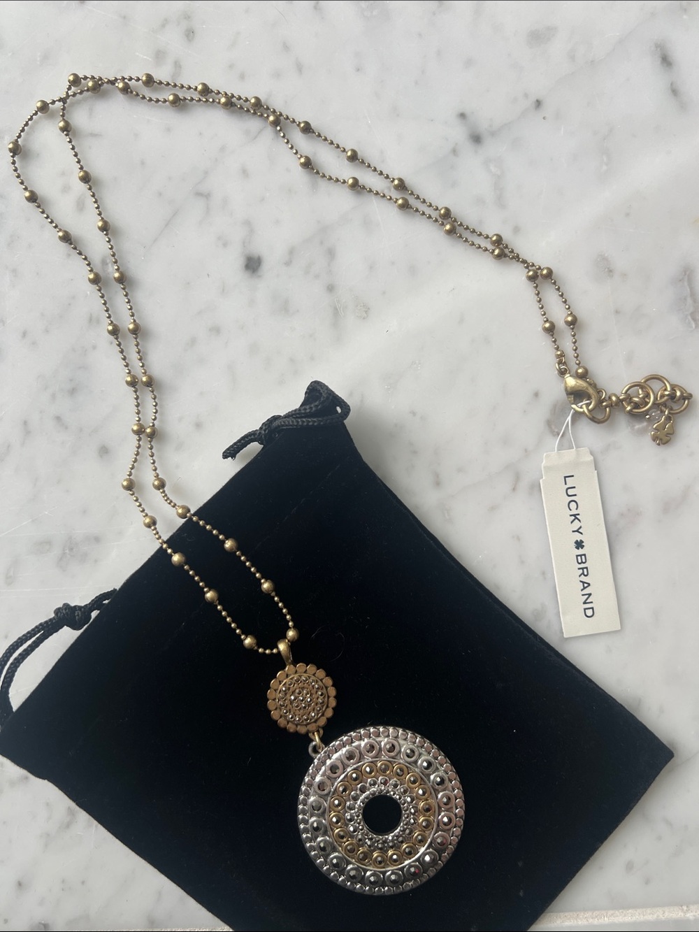 Lucky Brand Mixed Metal Beaded Pendant Necklace - Gold & Silver